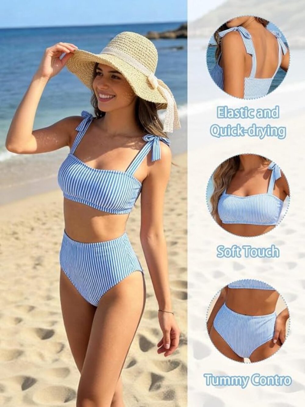 New Striped Tie Shoulder High Waist Two Piece Bikini - Picture 5 of 13